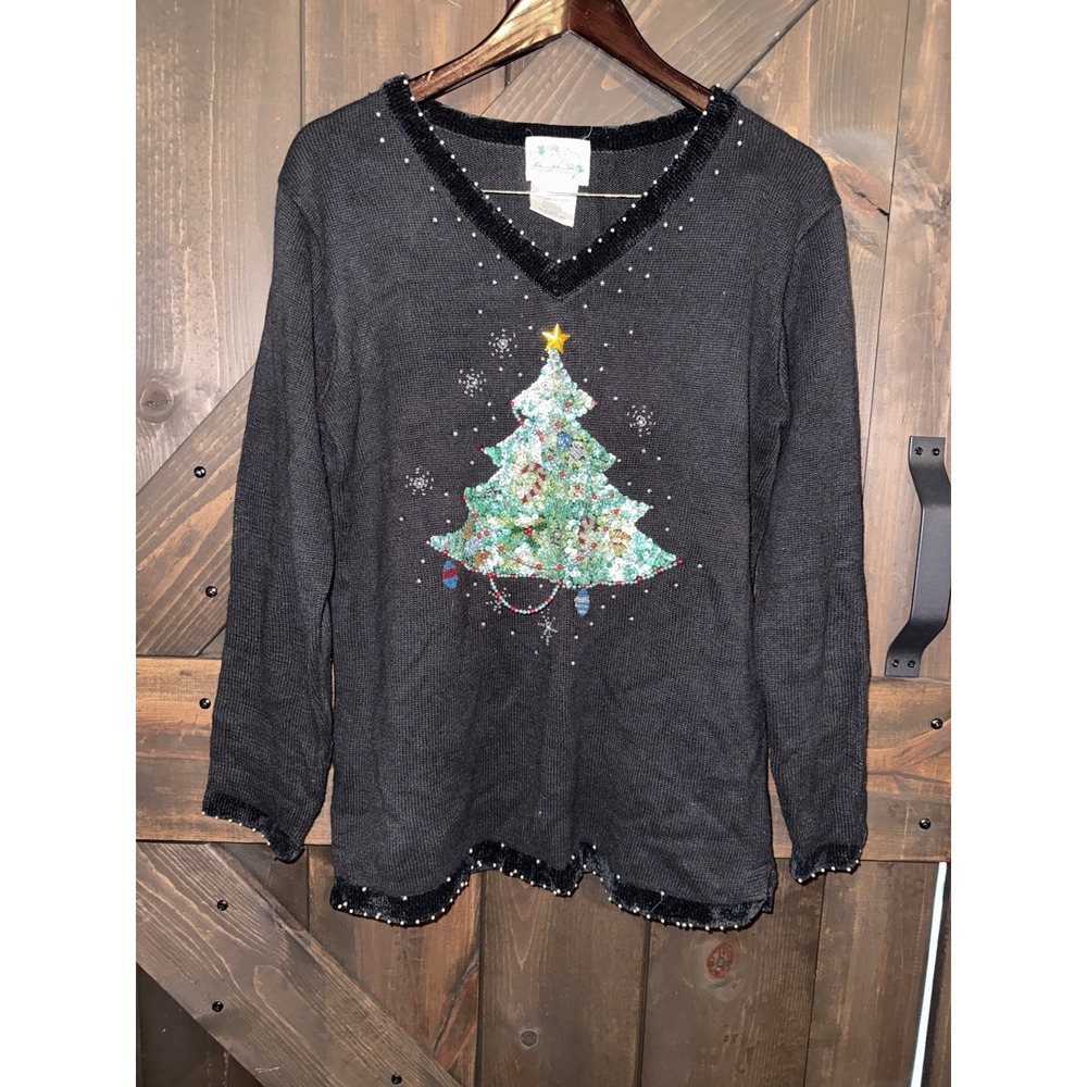 The Quaker Factory Embellished Christmas Tree Sweater Women's Sz Medium VTG Ugly